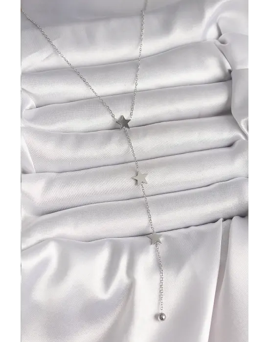 316L Çelik Gümüş Renk Yıldızlı Model Topçuk Detay Kadın Y Kolye