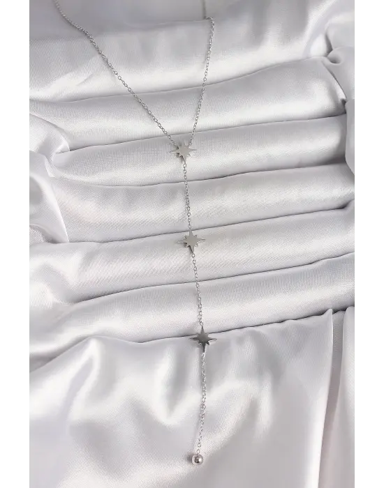 316L Çelik Gümüş Renk Yıldızlı Model Topçuk Detay Kadın Y Kolye