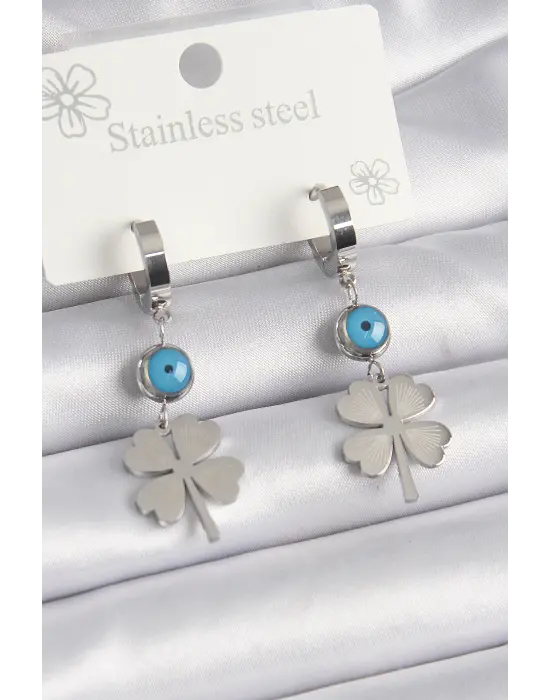   Gümüş. Yonca Model Nazar Boncuk Detay Çelik Küpe