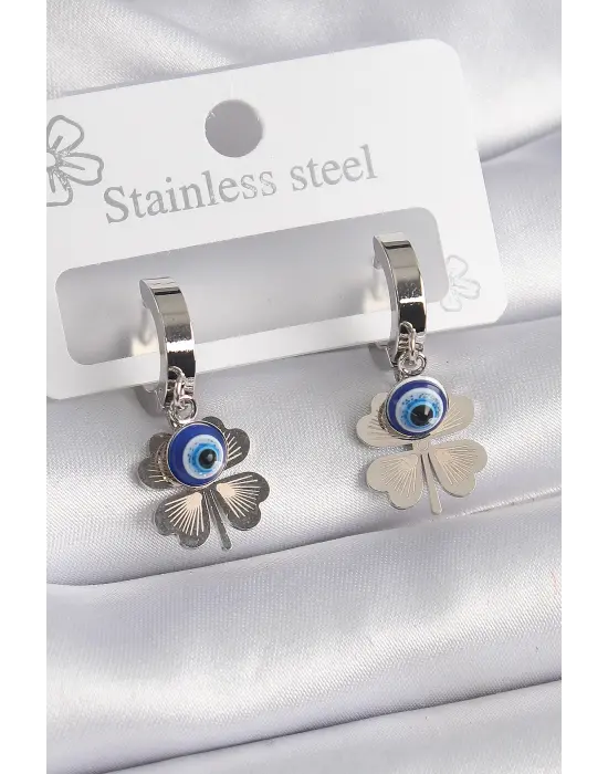   Gümüş Yonca Model Nazar Boncuk Detay Çelik Küpe