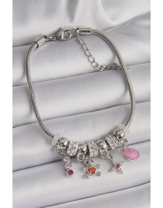 316L Çelik Gümüş Renk Zinci Sallantı Zirkon Taşlı Ayıcık Figür Charm Bileklik