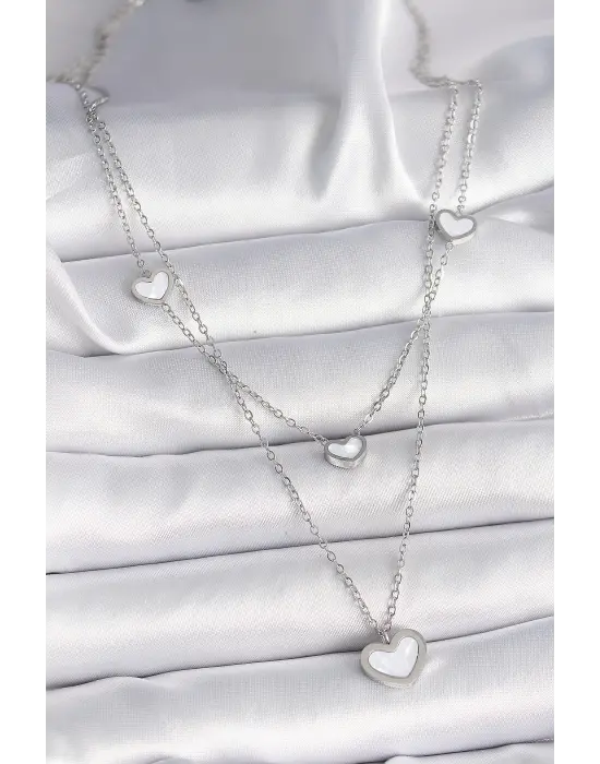  Gümüş  Zincir 2Li Zincir Kalp Model  Çelik Kolye