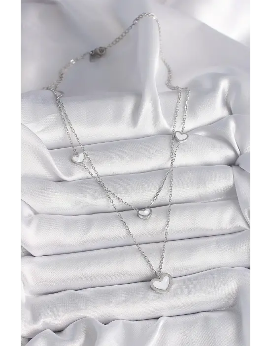  Gümüş  Zincir 2Li Zincir Kalp Model  Çelik Kolye