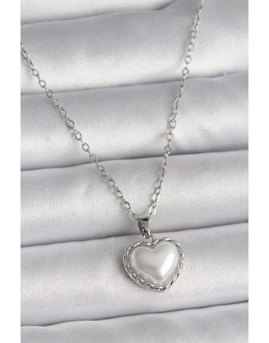  Gümüş  Zincir 3D İnci Kalp Model  Çelik Kolye