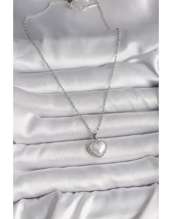  Gümüş  Zincir 3D İnci Kalp Model  Çelik Kolye