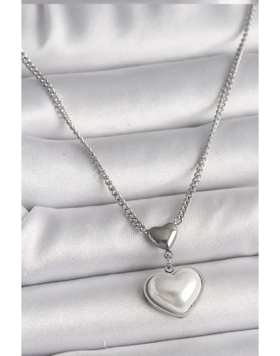  Gümüş  Zincir 3D Kalp Model  Çelik Kolye