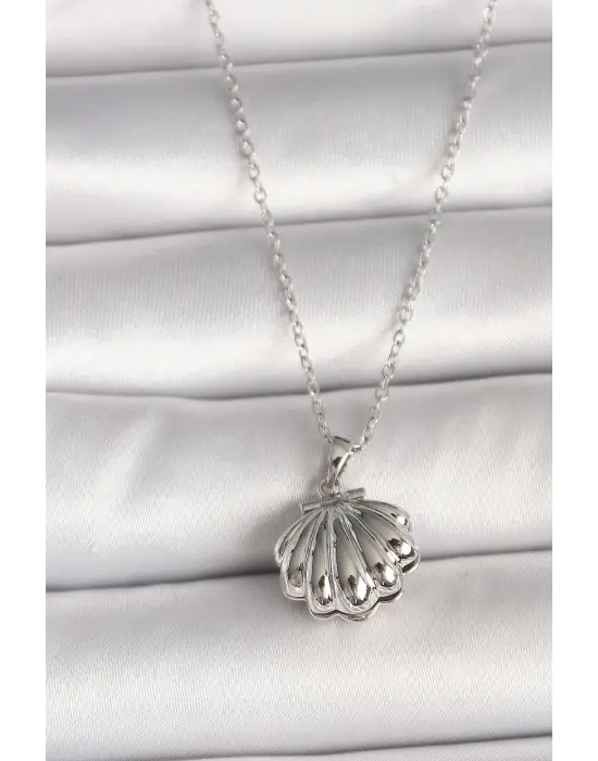 316L Çelik Gümüş Renk Zincir Açılır İncili Midye Model Kadın Kolye