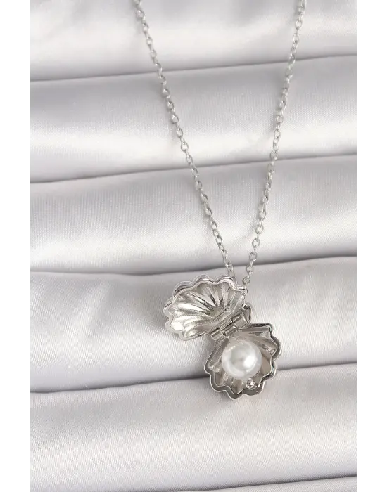 316L Çelik Gümüş Renk Zincir Açılır İncili Midye Model Kadın Kolye