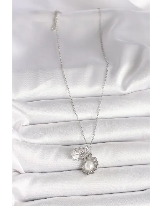 316L Çelik Gümüş Renk Zincir Açılır İncili Midye Model Kadın Kolye