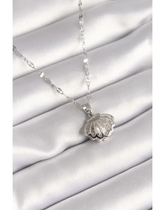  Gümüş  Zincir Açılır İstiridye Model İnci Detay  Çelik Kolye