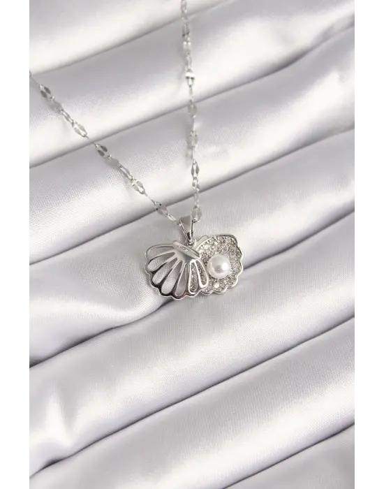  Gümüş  Zincir Açılır İstiridye Model İnci Detay  Çelik Kolye