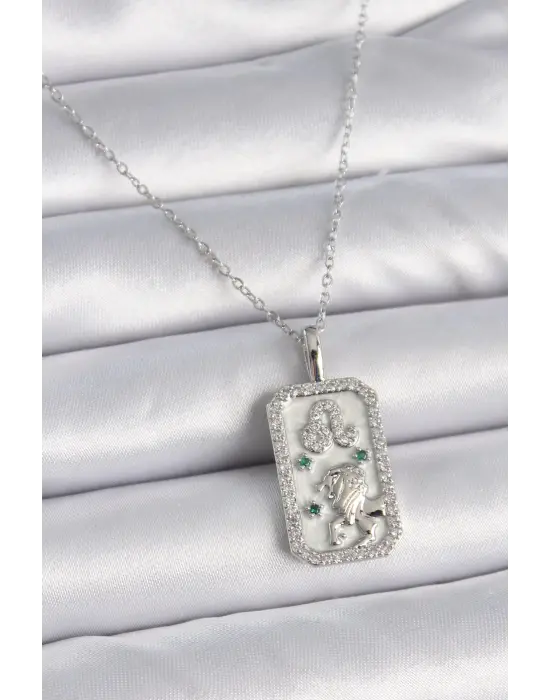  Gümüş  Zincir Aslan Burcu Zirkon Taşlı  Çelik Kolye