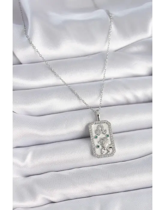  Gümüş  Zincir Aslan Burcu Zirkon Taşlı  Çelik Kolye