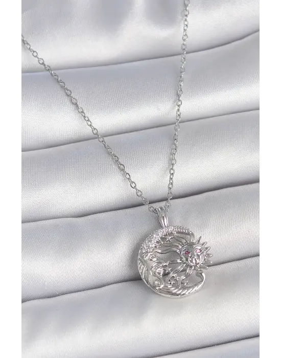 316L Çelik Gümüş Renk Zincir Ay Güneş Model Zirkon Taş Detay Kadın Kolye