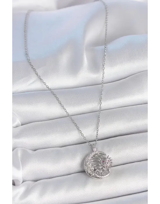 316L Çelik Gümüş Renk Zincir Ay Güneş Model Zirkon Taş Detay Kadın Kolye