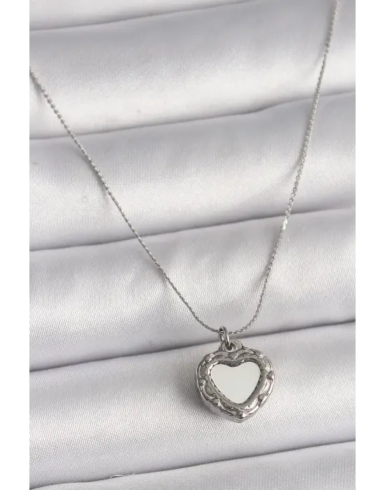  Gümüş  Zincir Aynalı Kalp Model  Çelik Kolye