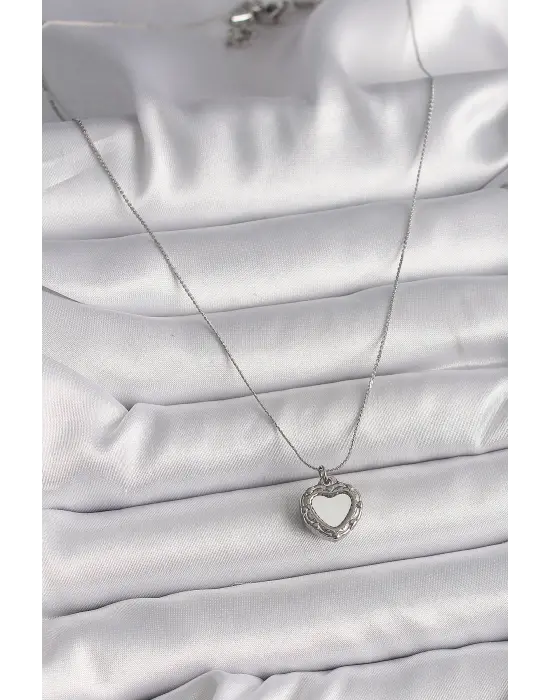  Gümüş  Zincir Aynalı Kalp Model  Çelik Kolye