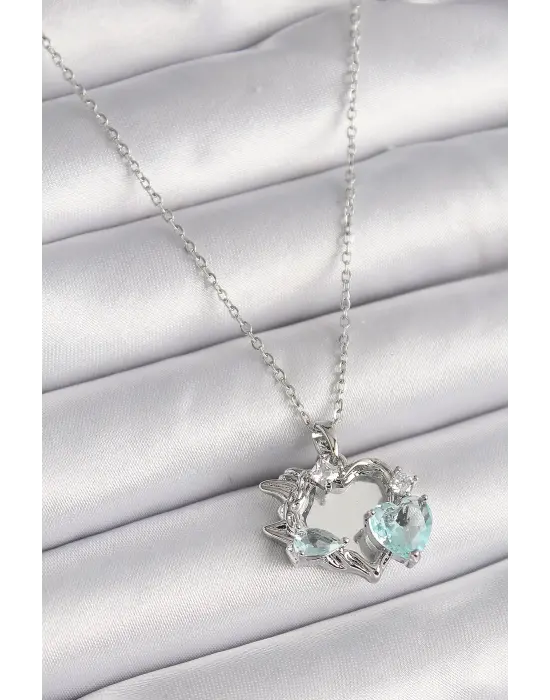  Gümüş  Zincir Aynalı Kalp Model  Zirkon Taşlı Kalp Detay  Çelik Kolye