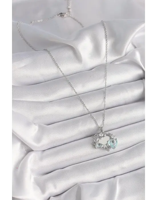  Gümüş  Zincir Aynalı Kalp Model  Zirkon Taşlı Kalp Detay  Çelik Kolye