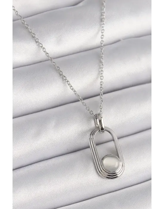  Gümüş  Zincir Beyaz Kedi Göz Model  Çelik Kolye