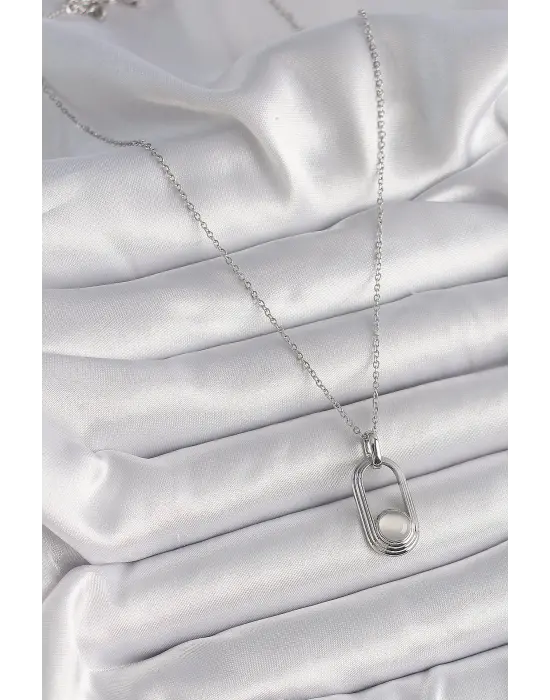  Gümüş  Zincir Beyaz Kedi Göz Model  Çelik Kolye