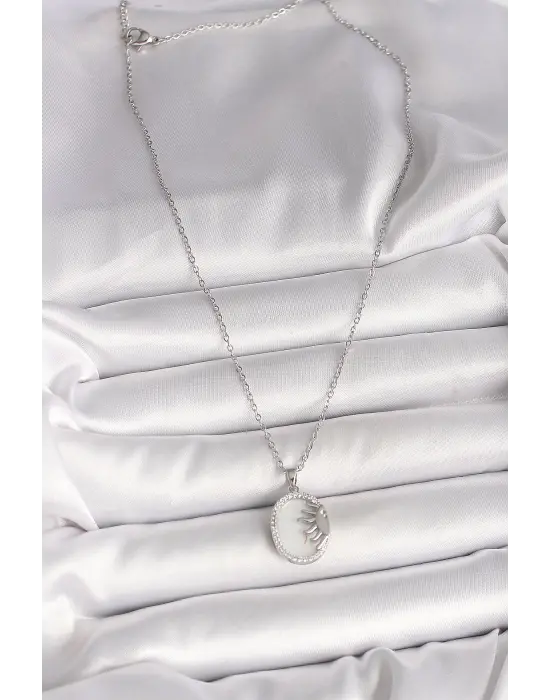 316L Çelik Gümüş Renk Zincir Beyaz Mineli Gün Batımı Model Zirkon Taş Detaylı Kadın Kolye