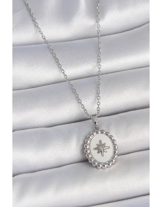 316L Çelik Gümüş Renk Zincir Beyaz Mineli Kutup Yıldız İşlemeli Madalyon Model Kadın Kolye