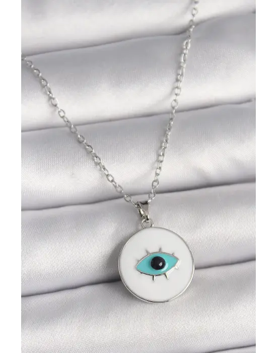  Gümüş  Zincir Beyaz Mineli Turkuaz Göz İşleme Model  Çelik Kolye