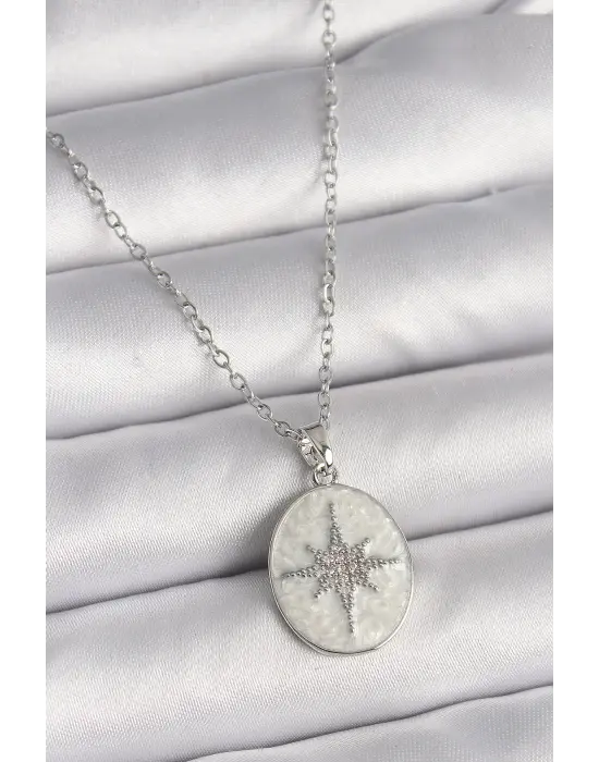  Gümüş  Zincir Beyaz Mineli Zirkon Taşlı Kutup Yıldız İşleme  Çelik Kolye