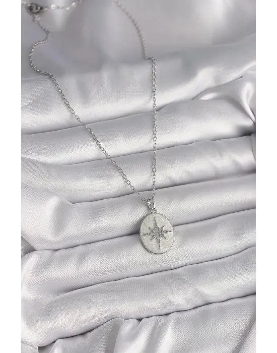  Gümüş  Zincir Beyaz Mineli Zirkon Taşlı Kutup Yıldız İşleme  Çelik Kolye