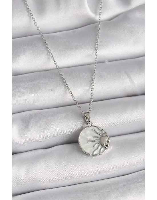  Gümüş  Zincir Beyaz Sedefli Gün Batımı Model  Çelik Kolye