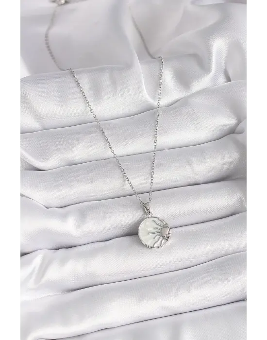  Gümüş  Zincir Beyaz Sedefli Gün Batımı Model  Çelik Kolye