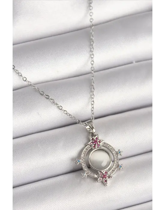  Gümüş  Zincir Beyaz Sedefli Zirkon Taşlı Yıldız Detay  Çelik Kolye