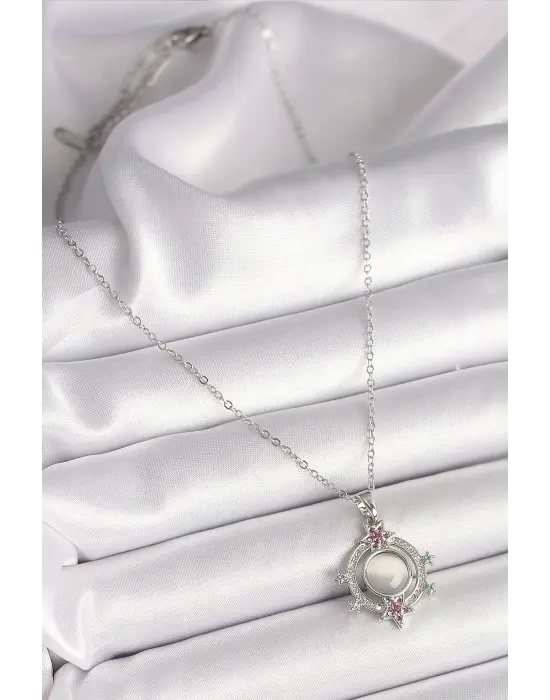  Gümüş  Zincir Beyaz Sedefli Zirkon Taşlı Yıldız Detay  Çelik Kolye