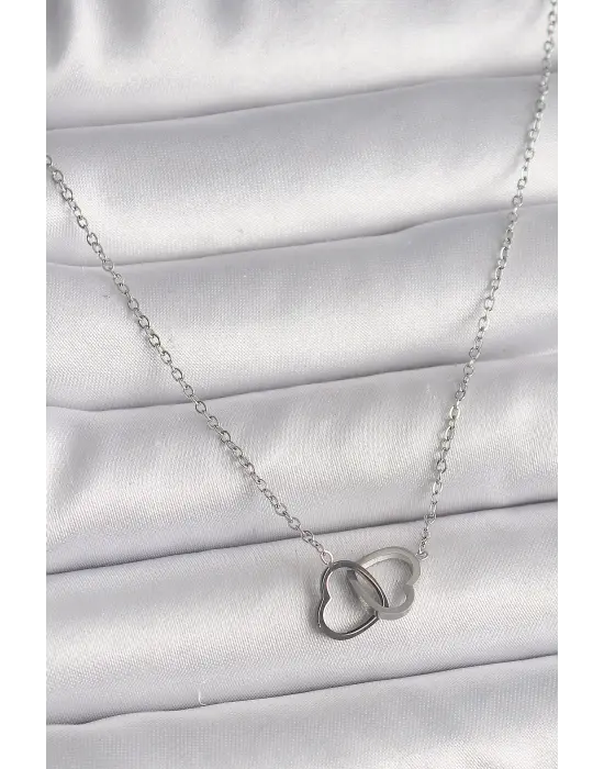  Gümüş  Zincir Birleşik Kalp Model  Çelik Kolye