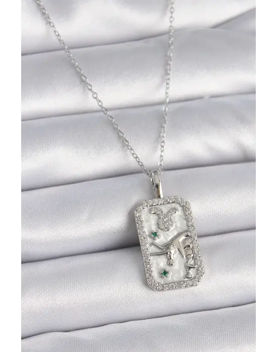  Gümüş  Zincir Boğa Burcu Zirkon Taşlı  Çelik Kolye