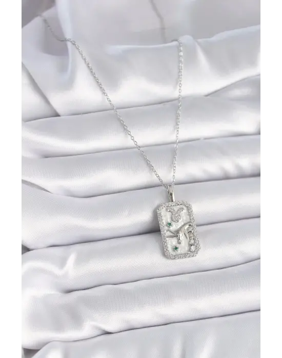  Gümüş  Zincir Boğa Burcu Zirkon Taşlı  Çelik Kolye