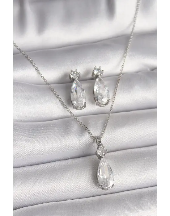 316L Çelik Gümüş Renk Zincir Damla Zirkon Taş Model Kadın Kolye Küpe Seti