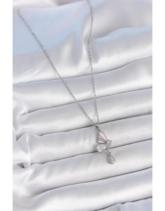 316L Çelik Gümüş Renk Zincir Damla Zirkon Taşlı Kelebek Model Sallantı Detay Kadın Kolye