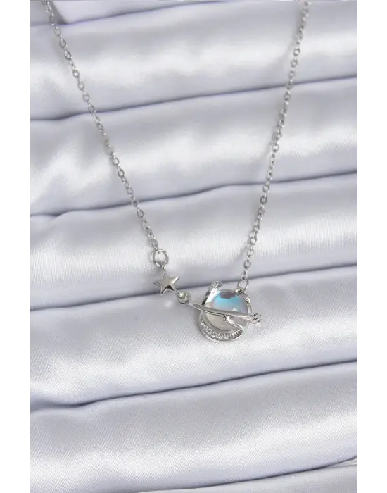 316L Çelik Gümüş Renk Zincir Gezegen Model Kadın Kolye