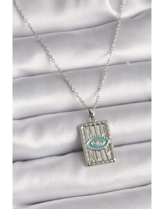  Gümüş  Zincir Göz İşlemeli Madalyon Model  Çelik Kolye