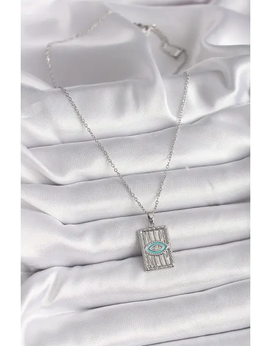  Gümüş  Zincir Göz İşlemeli Madalyon Model  Çelik Kolye