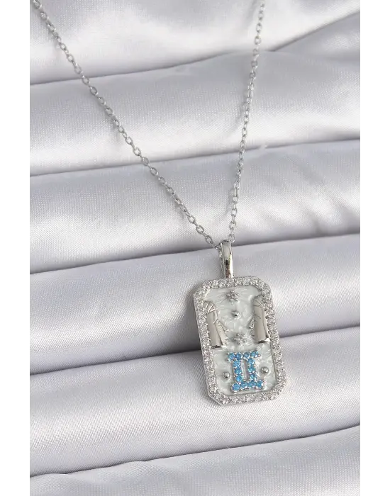  Gümüş  Zincir İkizler Burcu Zirkon Taşlı  Çelik Kolye