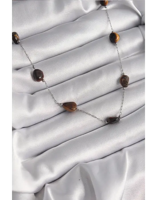  Gümüş  Zincir Kahverengi Doğaltaş Model  Çelik Kolye