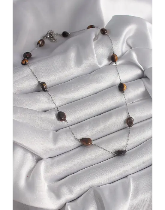  Gümüş  Zincir Kahverengi Doğaltaş Model  Çelik Kolye