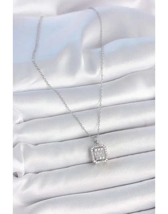 316L Çelik Gümüş Renk Zincir Kare Zirkon Taşlı Kadın Kolye