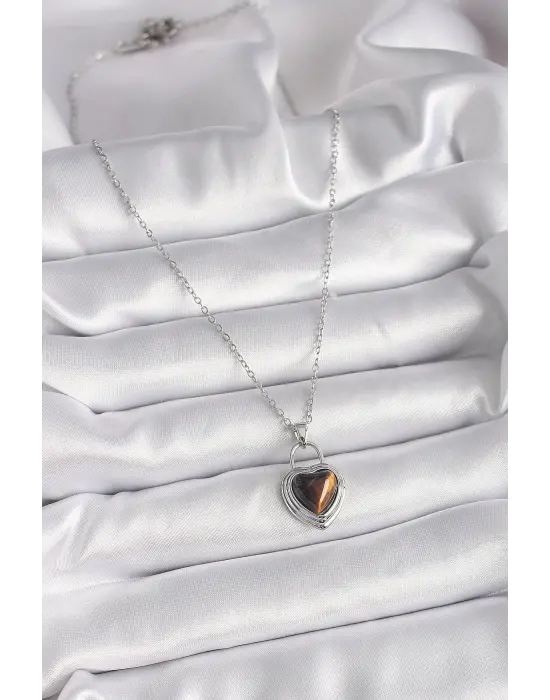  Gümüş  Zincir Kilit Kalp Kehribar Boncuk Model  Çelik Kolye