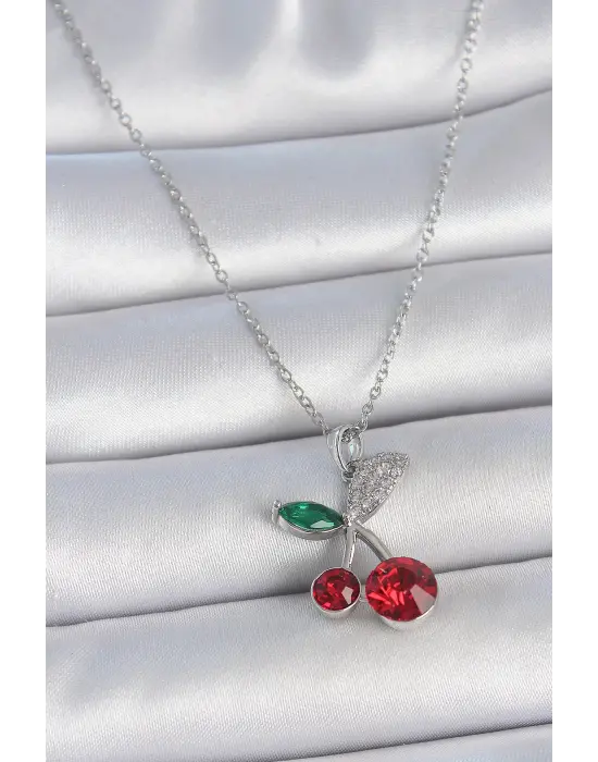 316L Çelik Gümüş Renk Zincir Kırmızı Zirkon Taşlı Kiraz Model Kadın Kolye