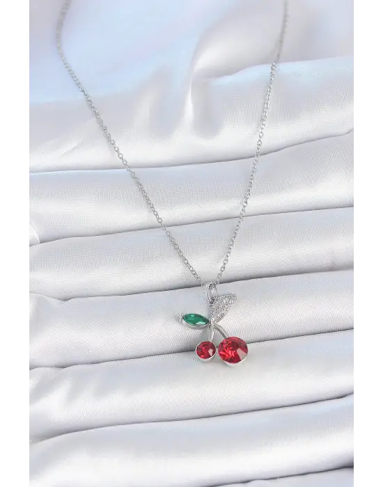 316L Çelik Gümüş Renk Zincir Kırmızı Zirkon Taşlı Kiraz Model Kadın Kolye