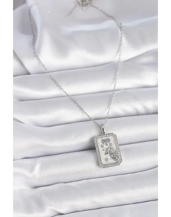  Gümüş  Zincir Koç Burcu Zirkon Taşlı  Çelik Kolye